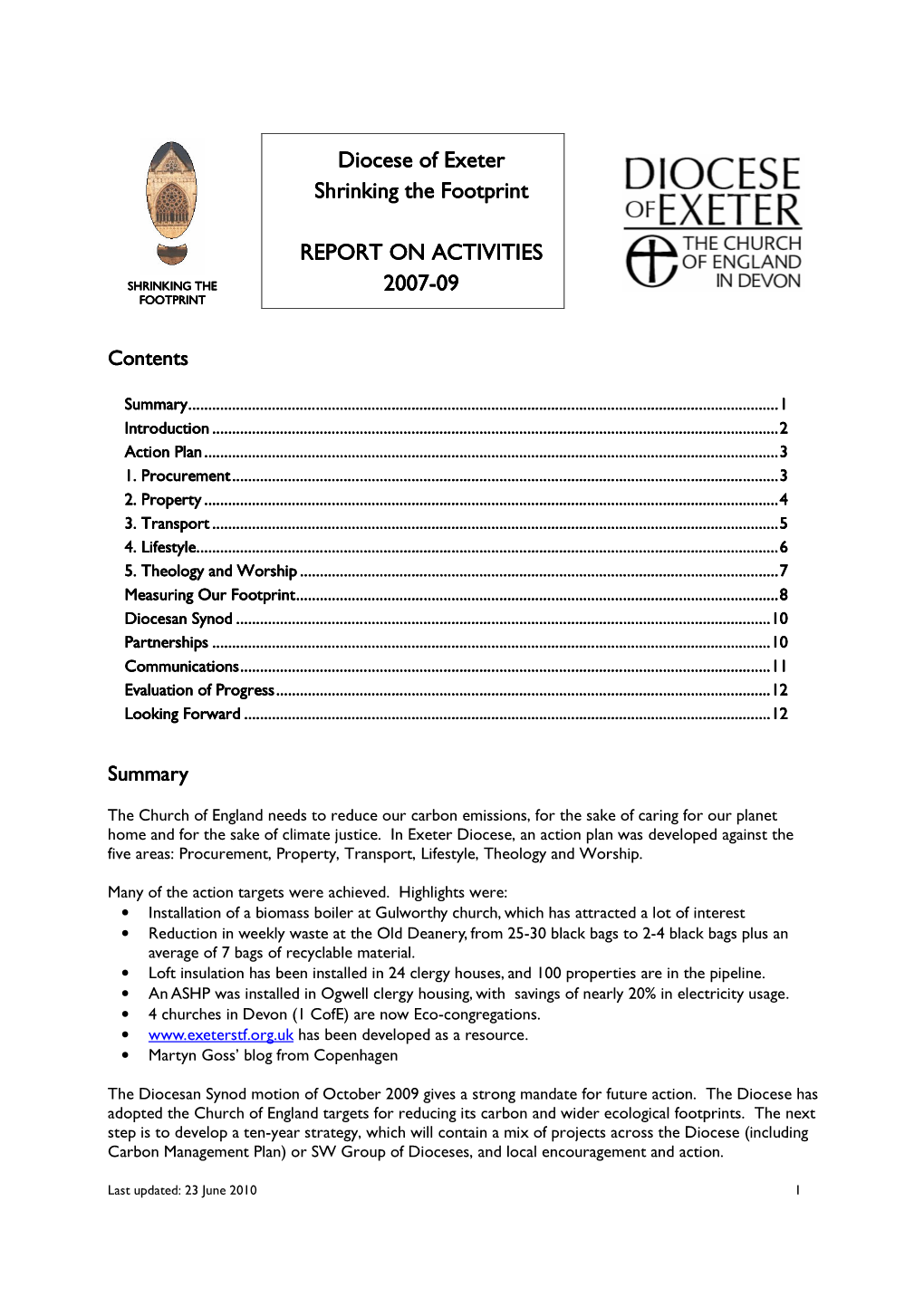 Diocese of Exeter Shrinking the Footprint: Report on Activities 2007-09