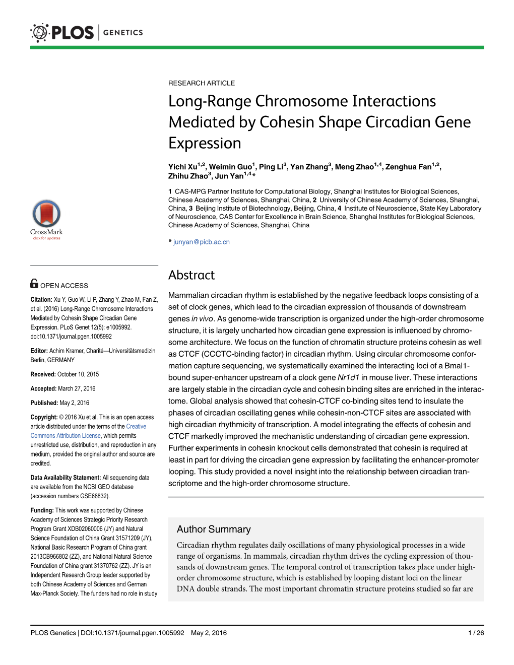 Long-Range Chromosome Interactions Mediated by Cohesin Shape Circadian Gene Expression