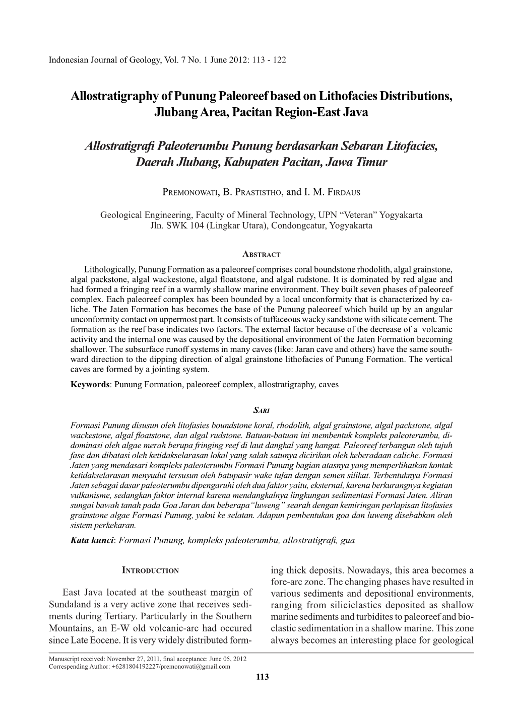Allostratigraphy of Punung Paleoreef Based on Lithofacies Distributions, Jlubang Area, Pacitan Region-East Java