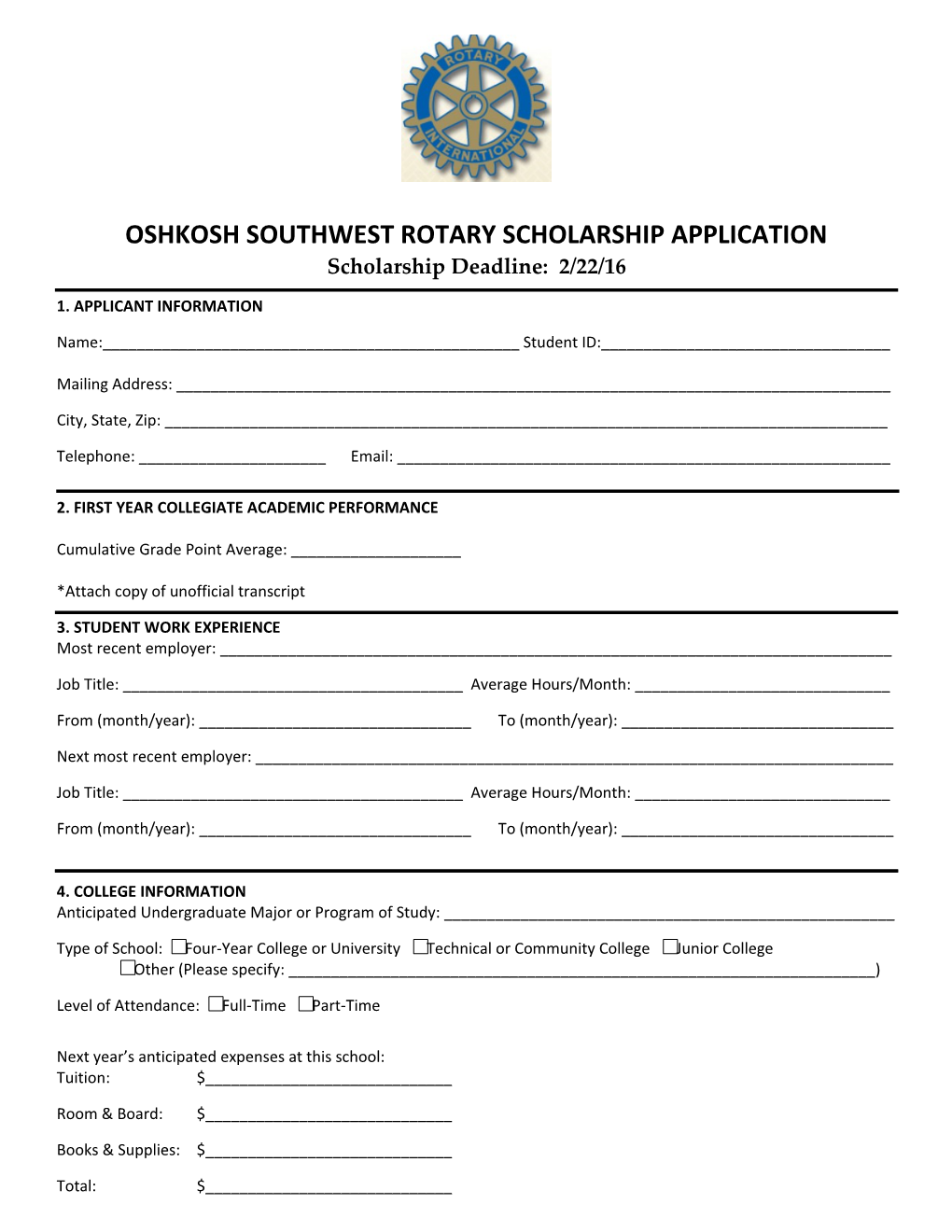 Oshkosh Southwest Rotary Scholarship Application