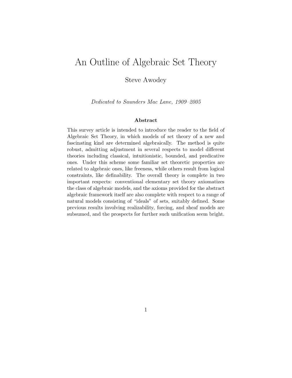 An Outline of Algebraic Set Theory