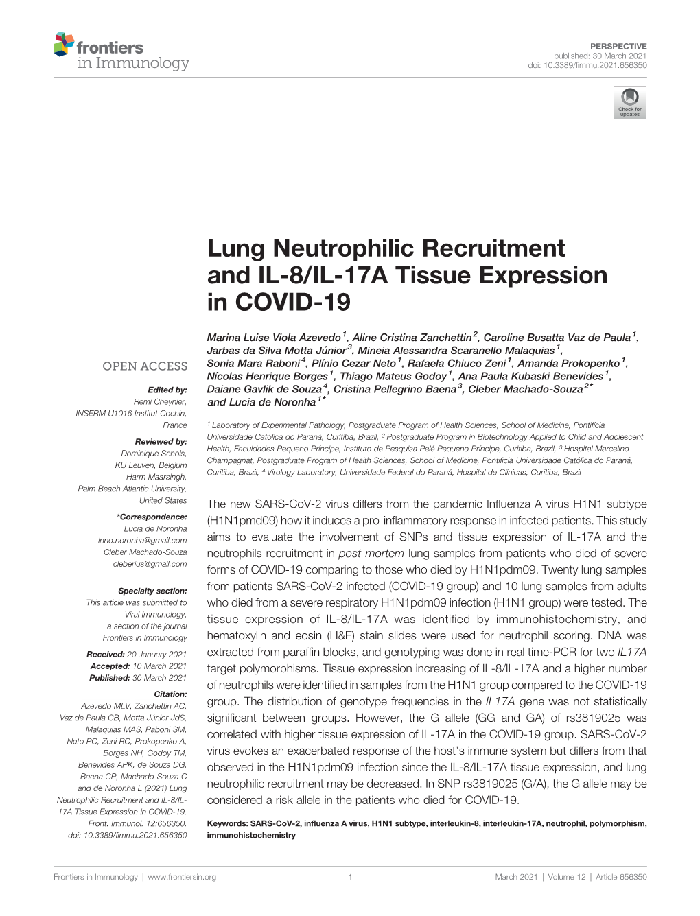 Lung Neutrophilic Recruitment and IL-8/IL-17A Tissue Expression in COVID-19