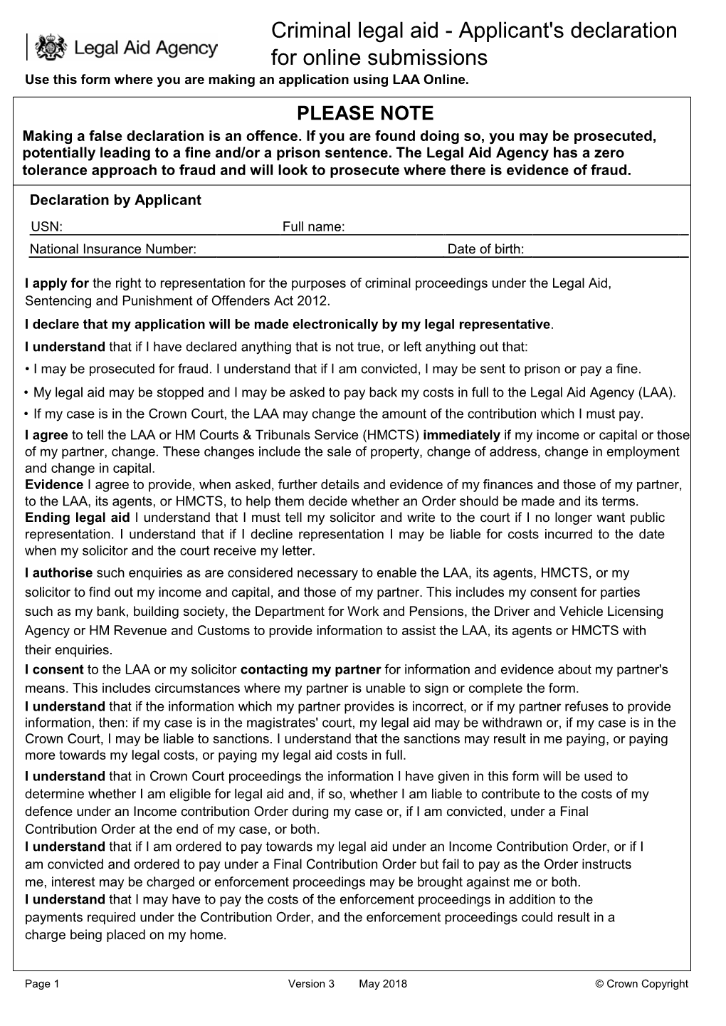 Criminal Legal Aid - Applicant's Declaration for Online Submissions Use This Form Where You Are Making an Application Using LAA Online