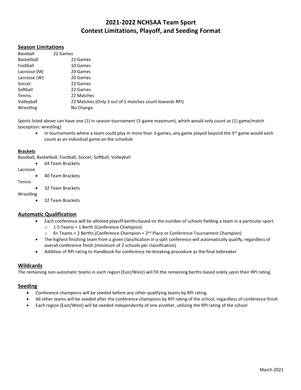 2021-2022 NCHSAA Team Sport Contest Limitations, Playoff, and Seeding Format