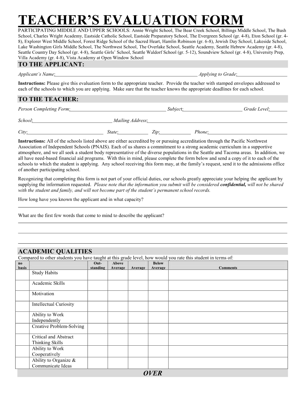 Teacher's Evaluation Form