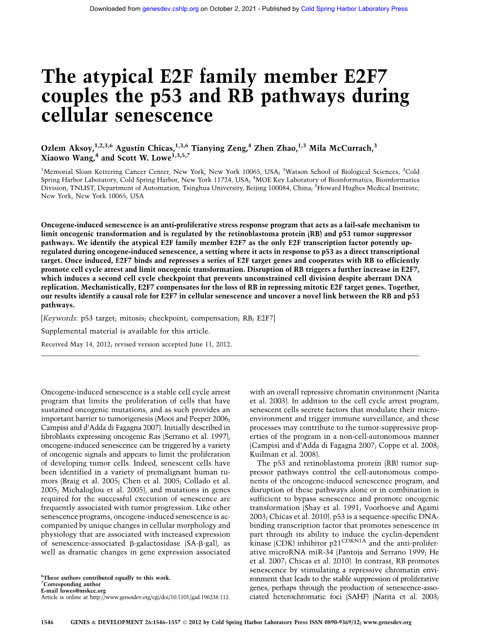 The Atypical E2F Family Member E2F7 Couples the P53 and RB Pathways During Cellular Senescence