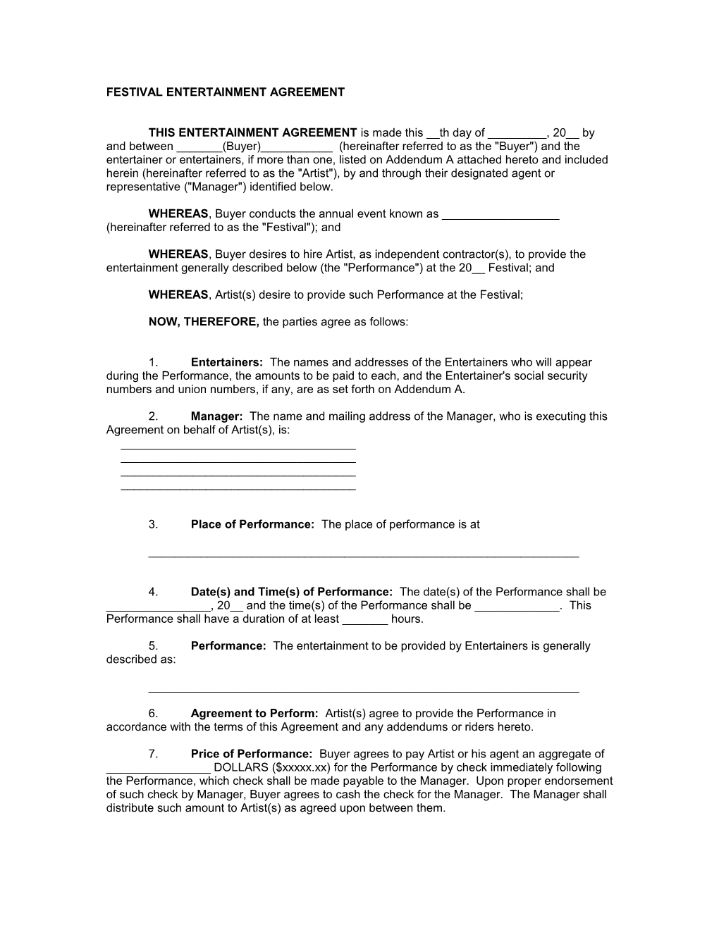 Festival Entertainment Agreement