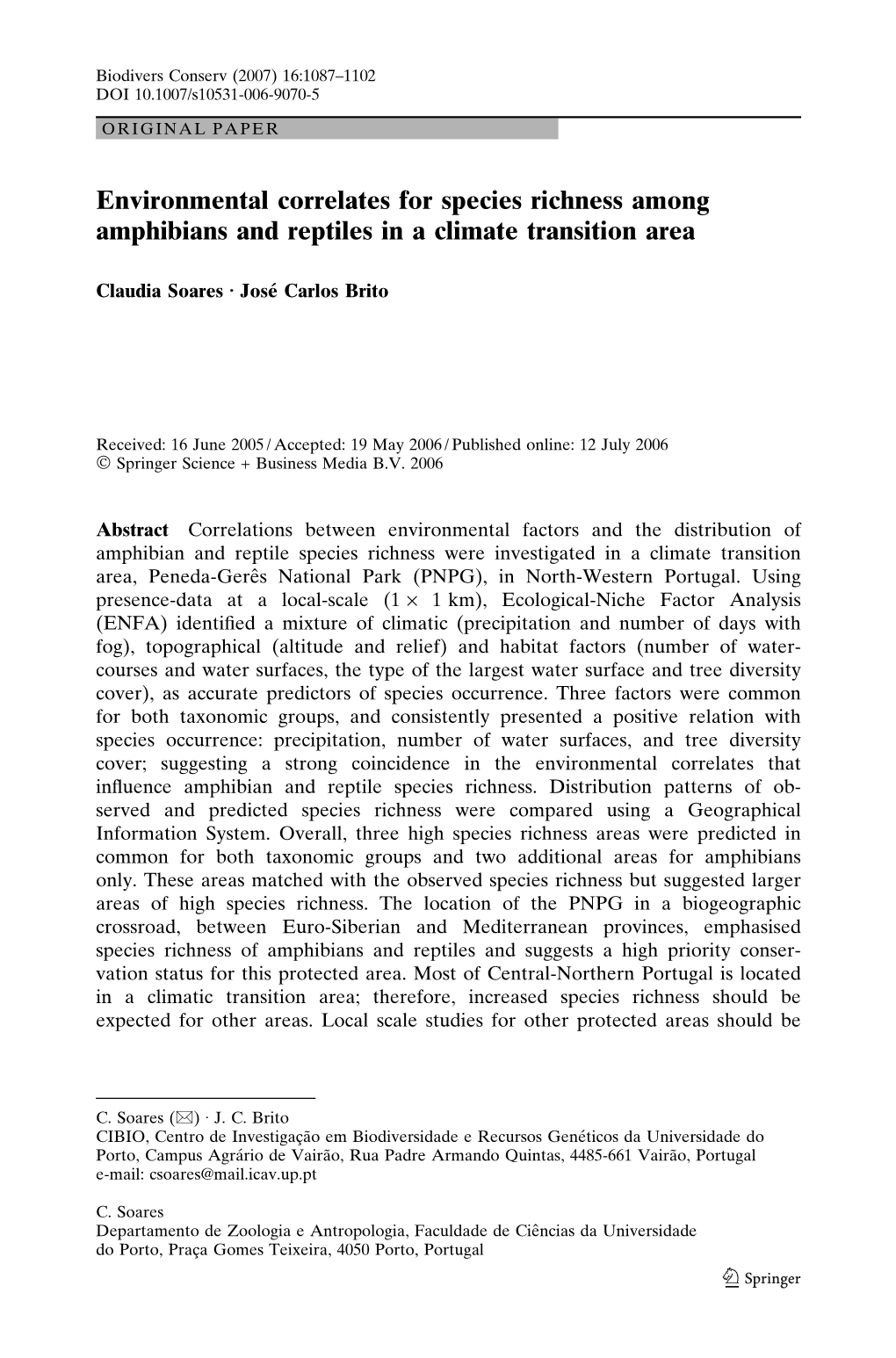 Environmental Correlates for Species Richness Among Amphibians and Reptiles in a Climate Transition Area