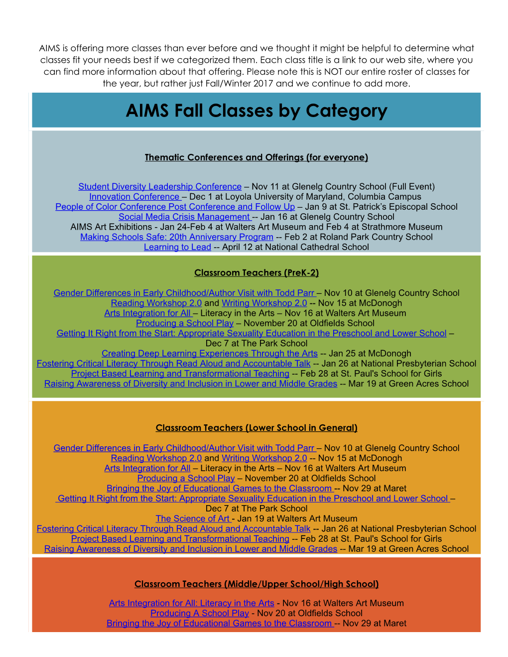 AIMS Fall Classes by Category