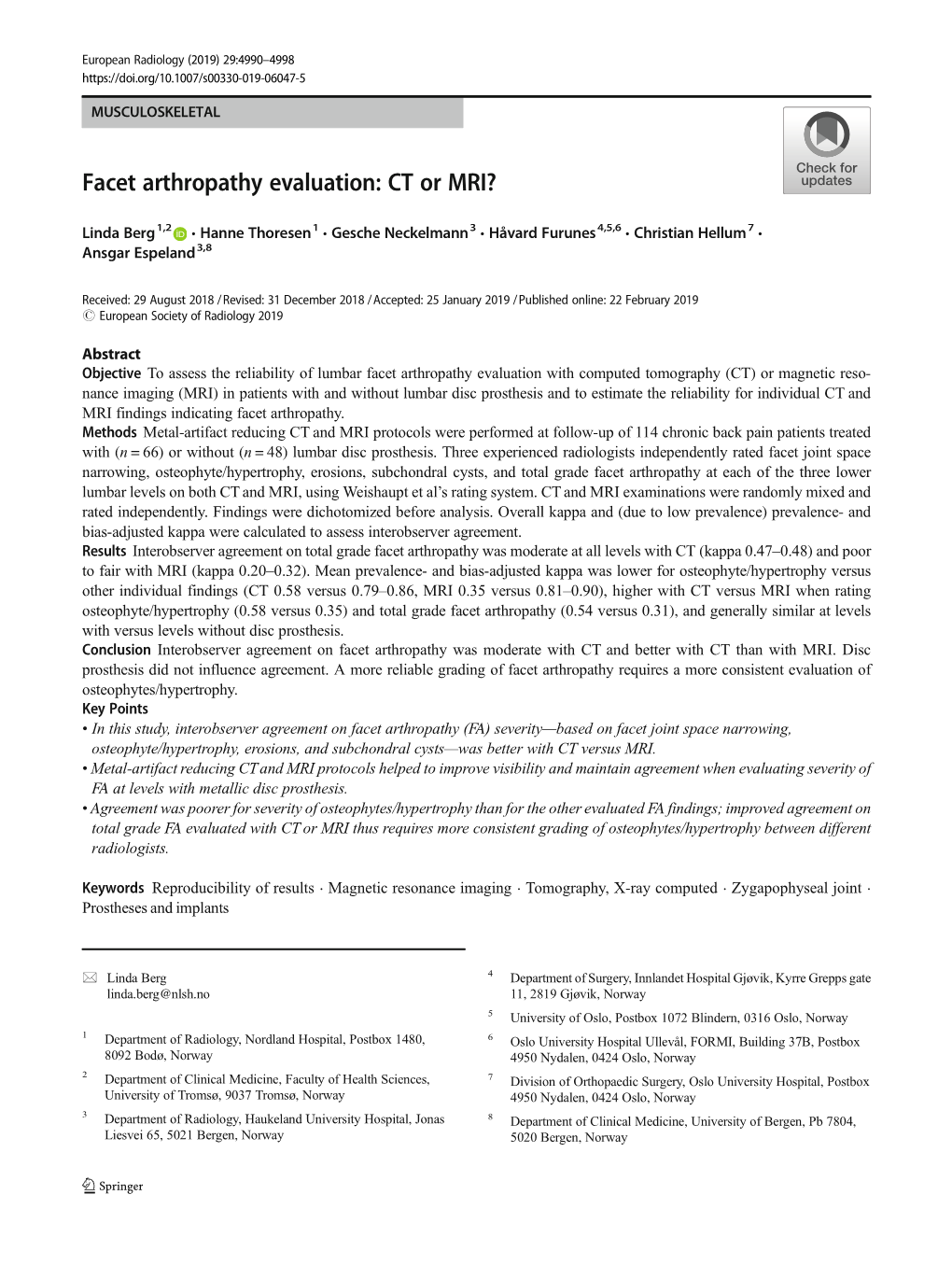 Facet Arthropathy Evaluation: CT Or MRI?