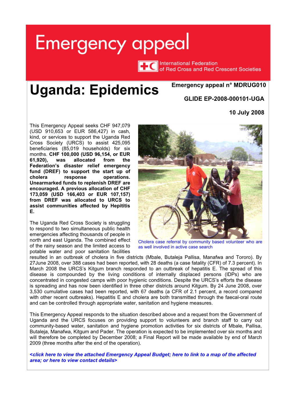 Uganda: Epidemics; Emergency Appeal No. MDRUG010