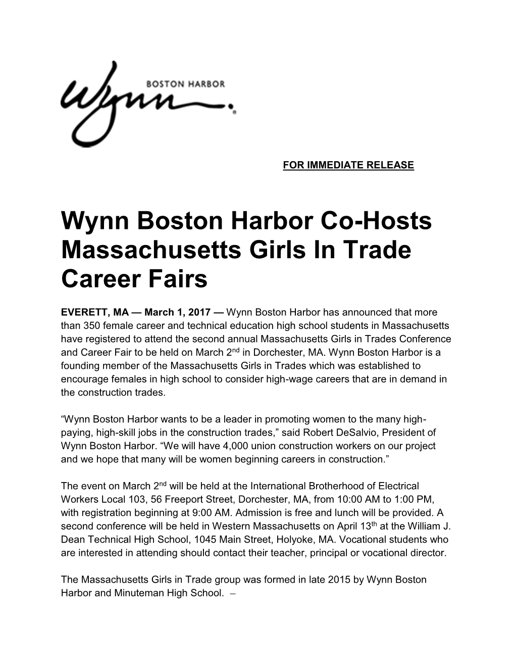 Wynn Boston Harbor Co-Hosts Massachusetts Girls in Trade