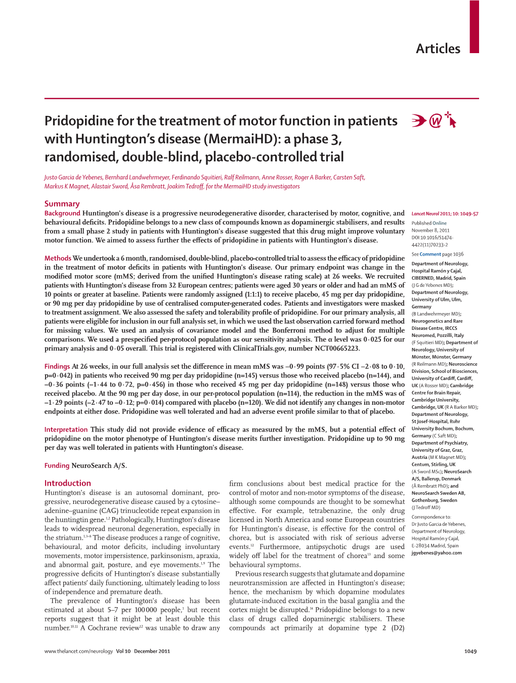 Pridopidine for the Treatment of Motor Function in Patients with Huntington’S Disease (Mermaihd): a Phase 3, Randomised, Double-Blind, Placebo-Controlled Trial