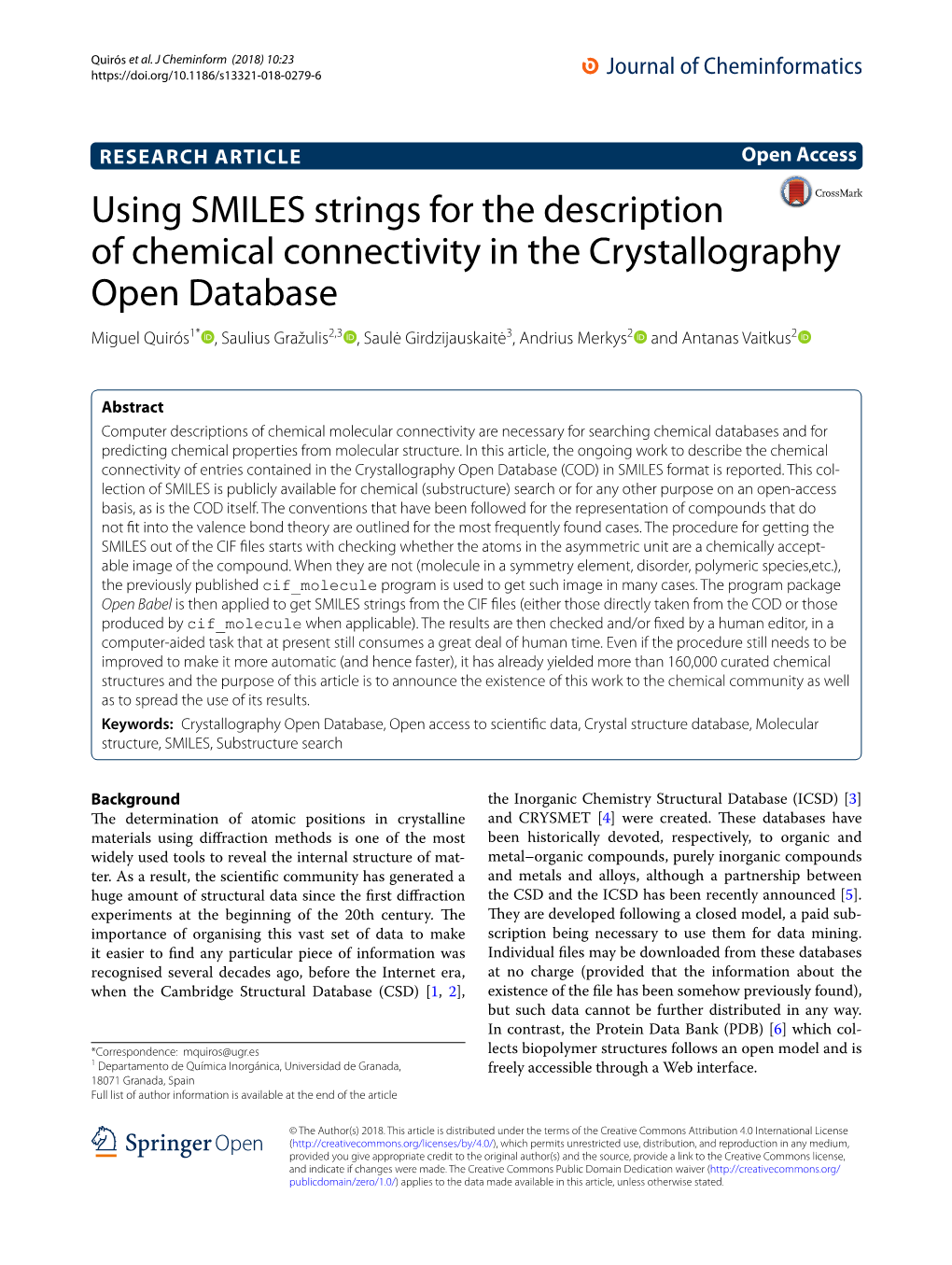 Using SMILES Strings for the Description of Chemical Connectivity in the Crystallography Open Database