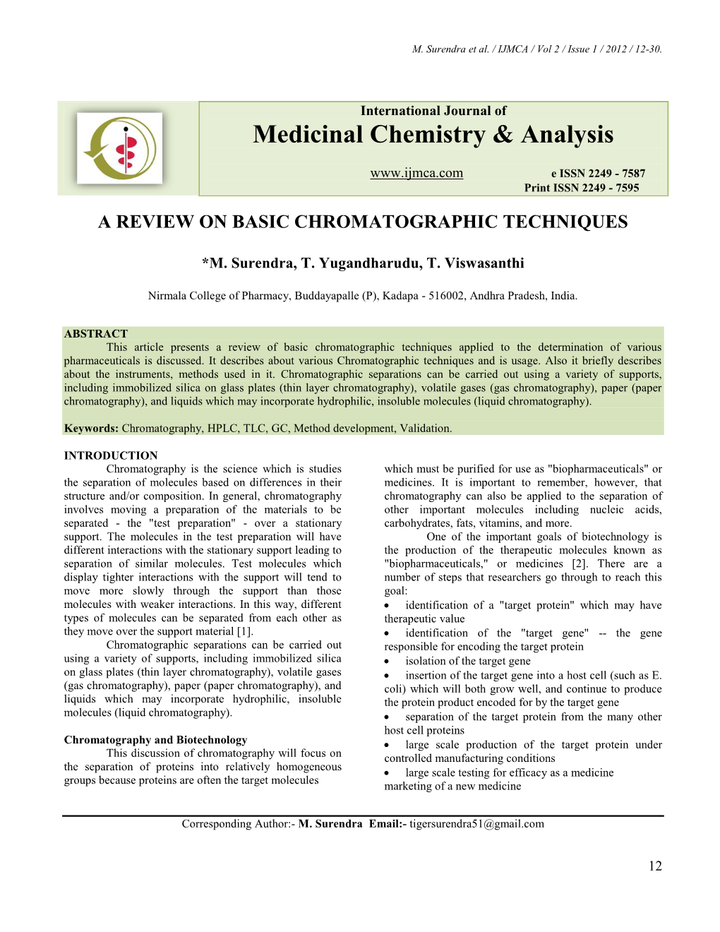 Medicinal Chemistry & Analysis