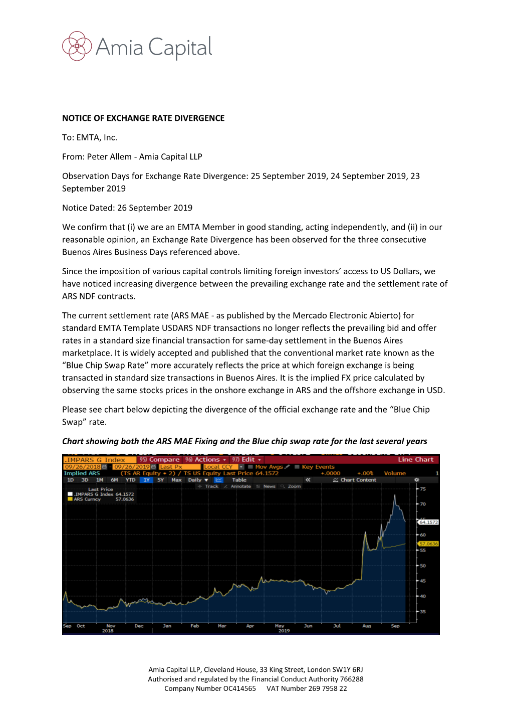 NOTICE of EXCHANGE RATE DIVERGENCE To: EMTA, Inc. From