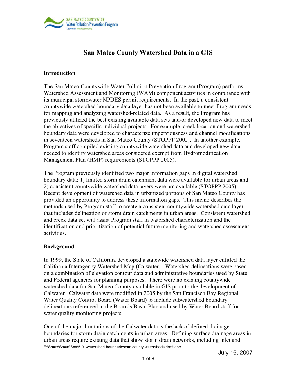 San Mateo County Watershed Data in a GIS