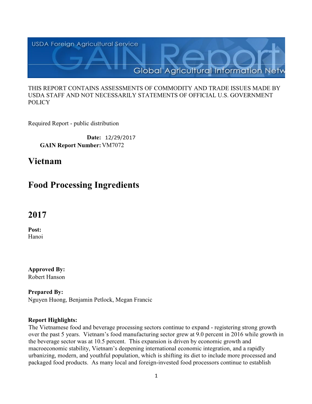 Vietnam Food Processing Ingredients 2017