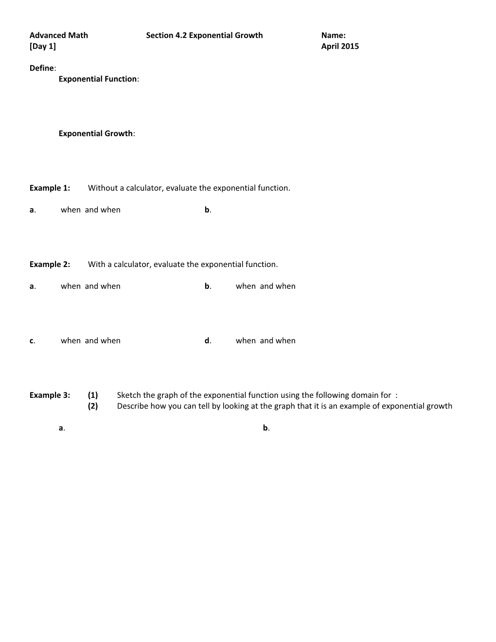 Advanced Math Section 4.2 Exponential Growth Name