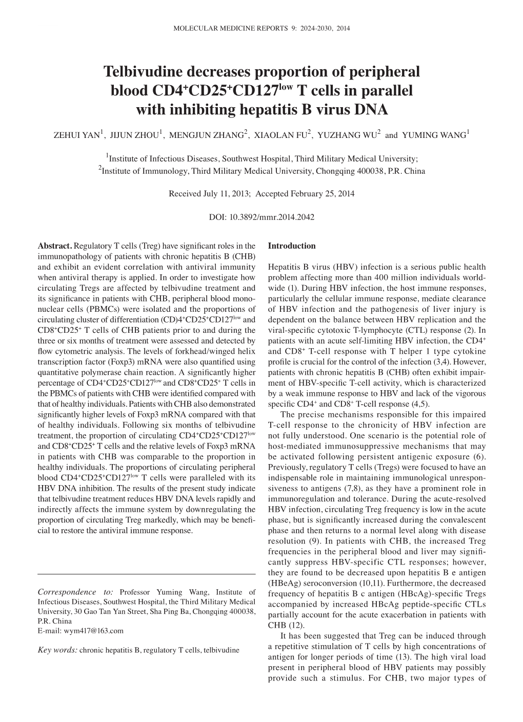 Telbivudine Decreases Proportion of Peripheral Blood CD4+CD25+Cd127low T Cells in Parallel with Inhibiting Hepatitis B Virus DNA