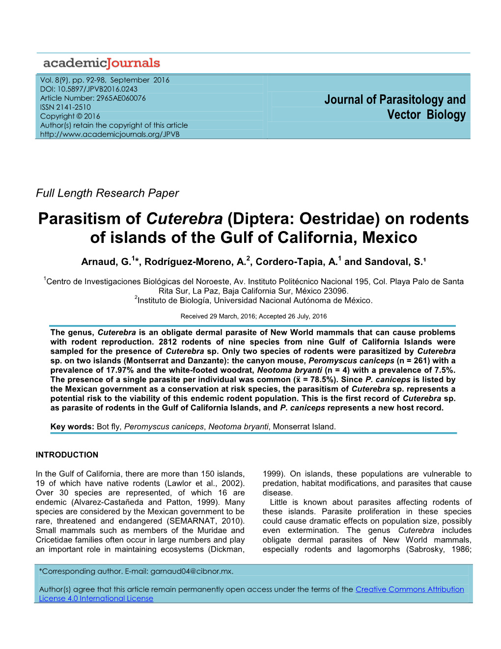 Parasitism of Cuterebra (Diptera: Oestridae) on Rodents of Islands of the Gulf of California, Mexico