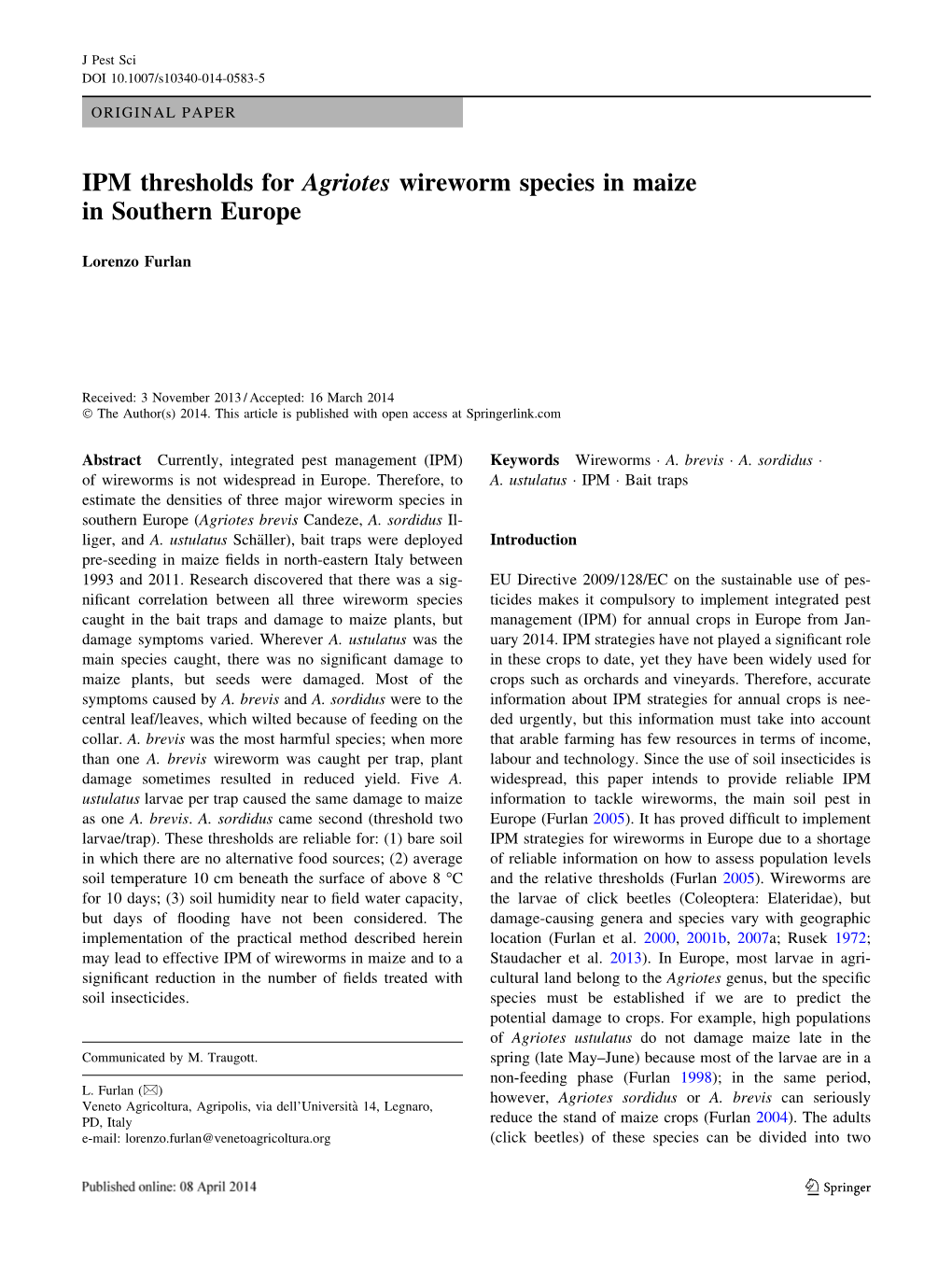 IPM Thresholds for Agriotes Wireworm Species in Maize in Southern Europe