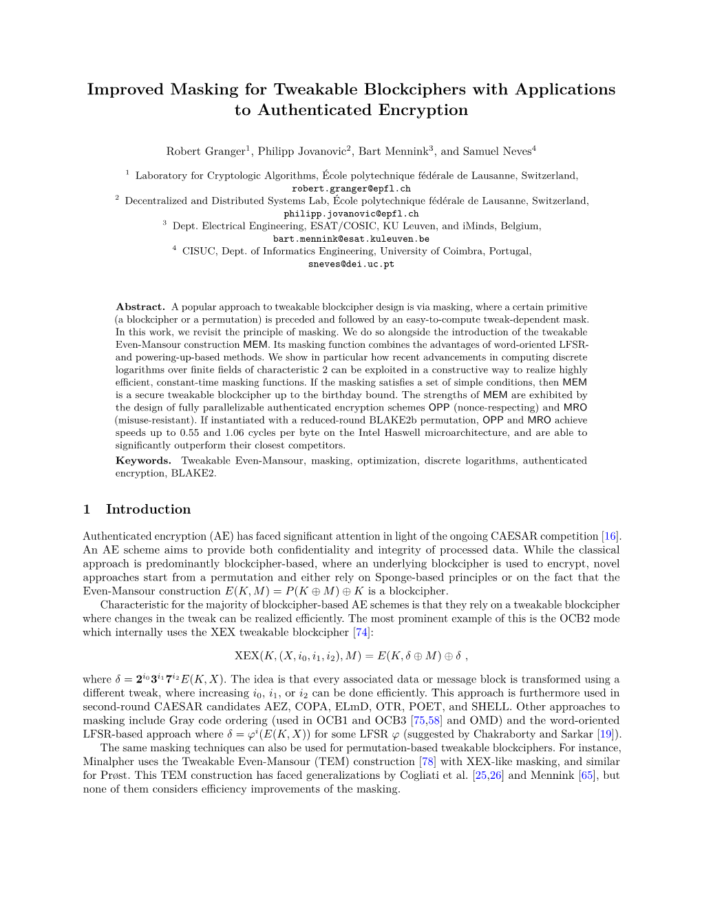 Improved Masking for Tweakable Blockciphers with Applications to Authenticated Encryption