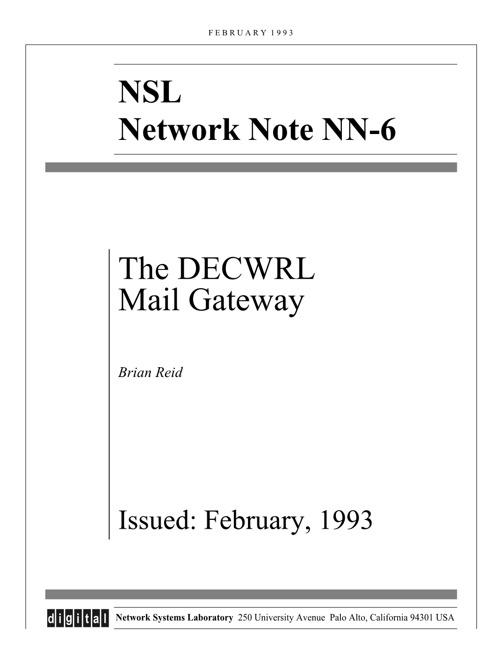 NSL Network Note NN-6 the DECWRL Mail Gateway