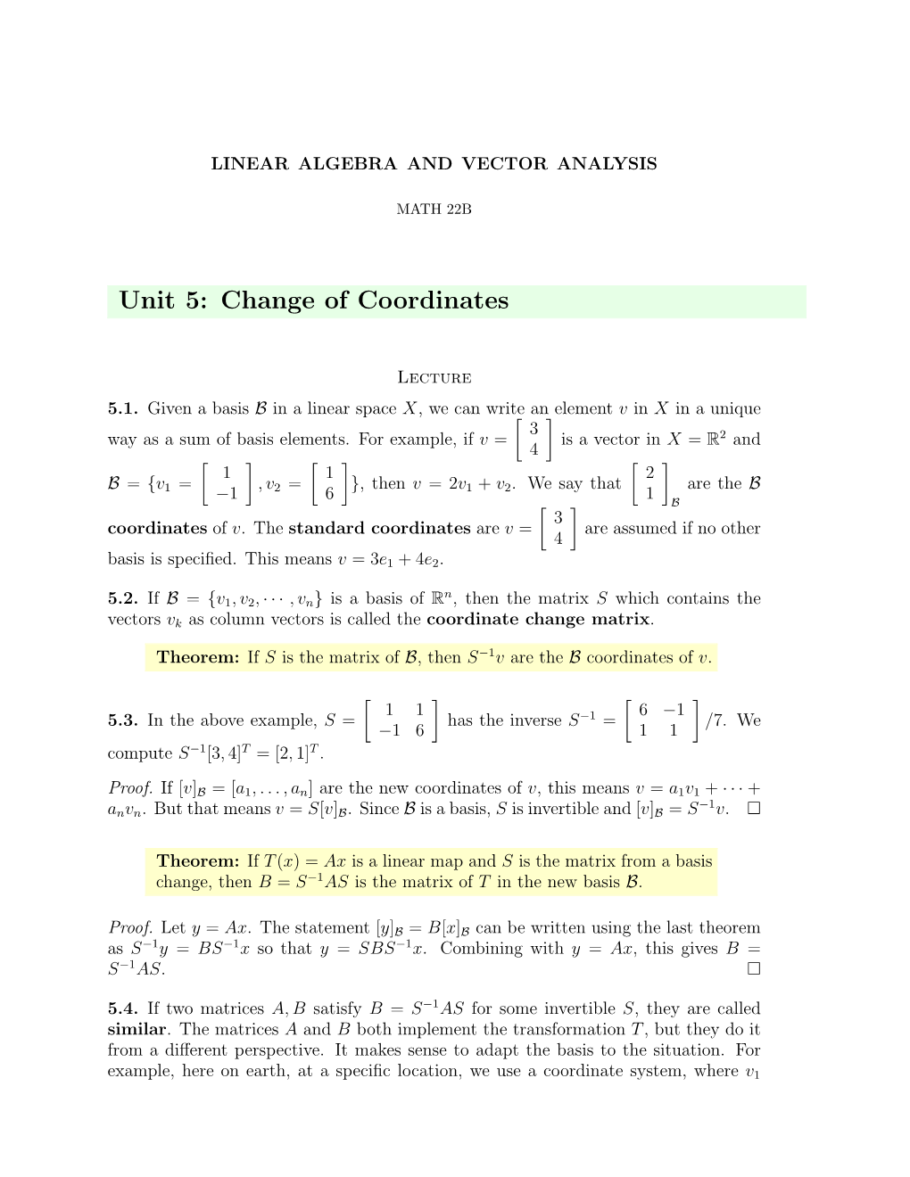 Unit 5: Change of Coordinates