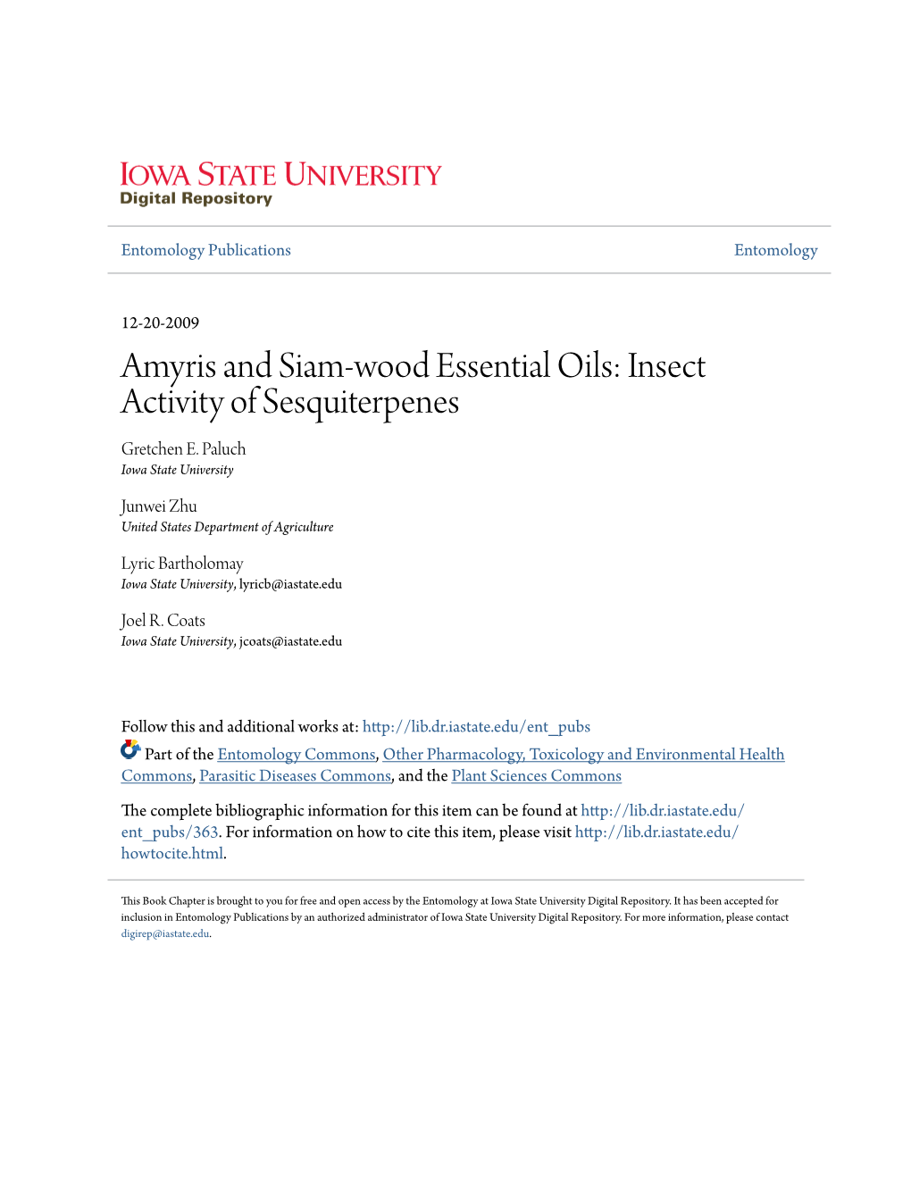 Amyris and Siam-Wood Essential Oils: Insect Activity of Sesquiterpenes Gretchen E