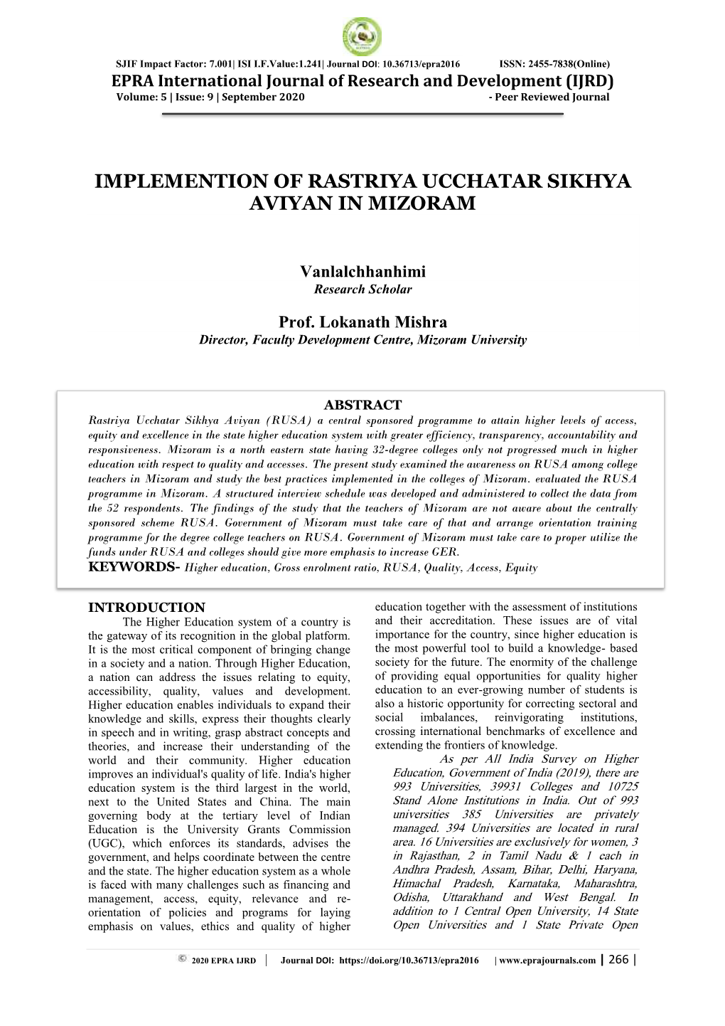 Implemention of Rastriya Ucchatar Sikhya Aviyan in Mizoram