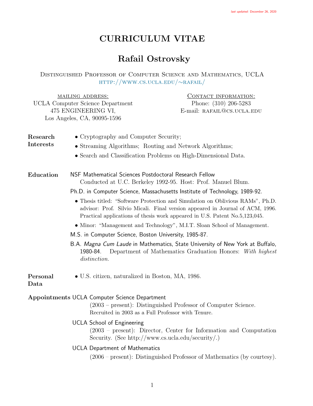 CURRICULUM VITAE Rafail Ostrovsky