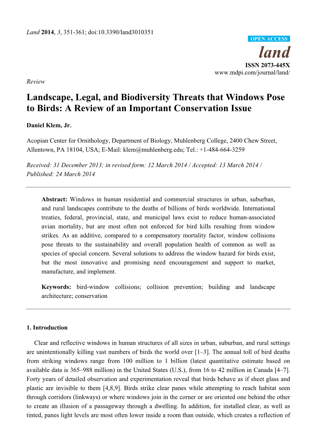 Landscape, Legal, and Biodiversity Threats That Windows Pose to Birds: a Review of an Important Conservation Issue