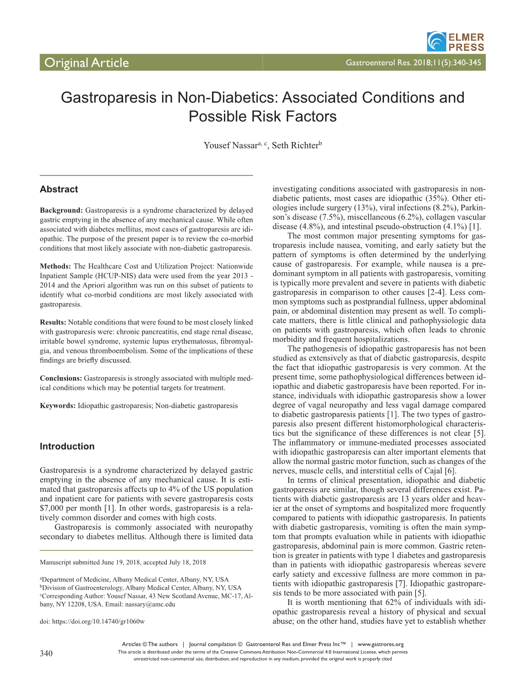 Gastroparesis in Non-Diabetics: Associated Conditions and Possible Risk Factors