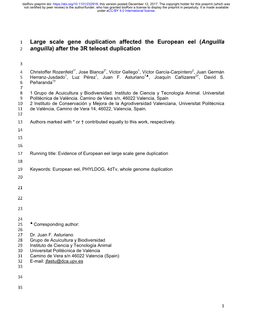 Large Scale Gene Duplication Affected the European Eel (Anguilla 2 Anguilla) After the 3R Teleost Duplication