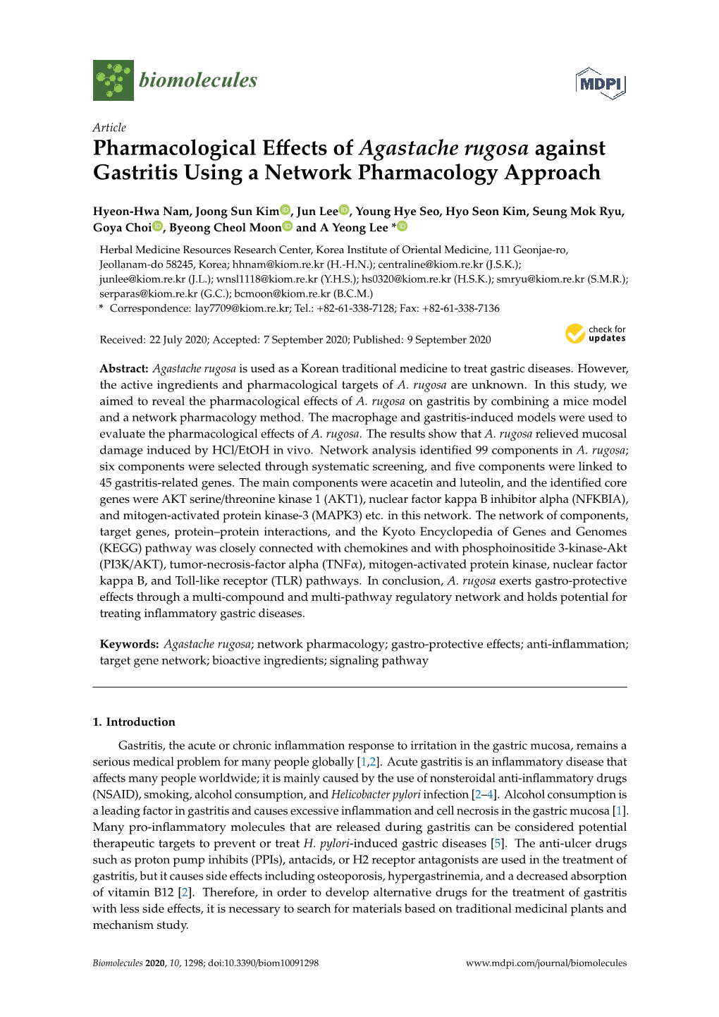 Pharmacological Effects of Agastache Rugosa Against Gastritis Using A