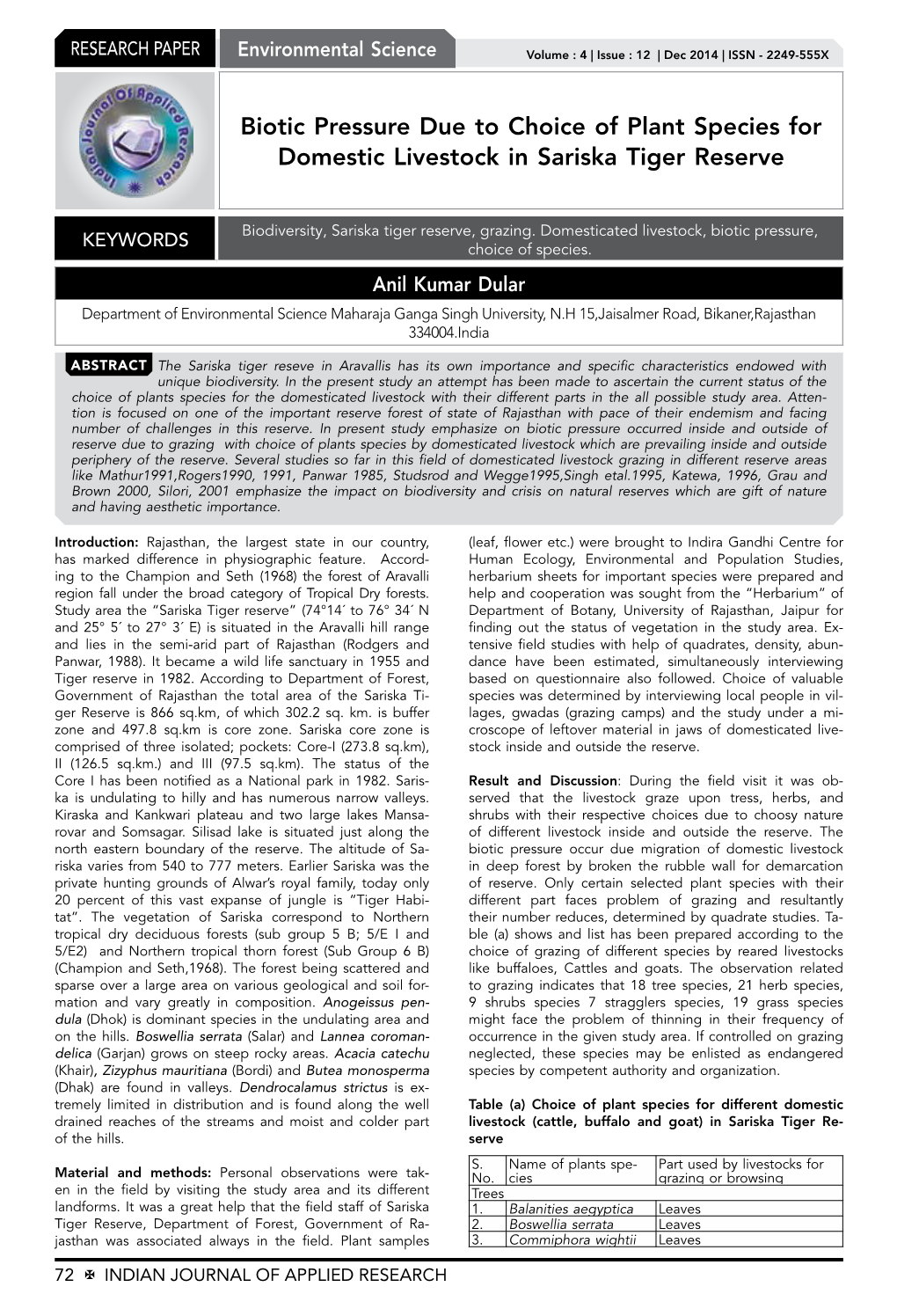 Biotic Pressure Due to Choice of Plant Species for Domestic Livestock in Sariska Tiger Reserve