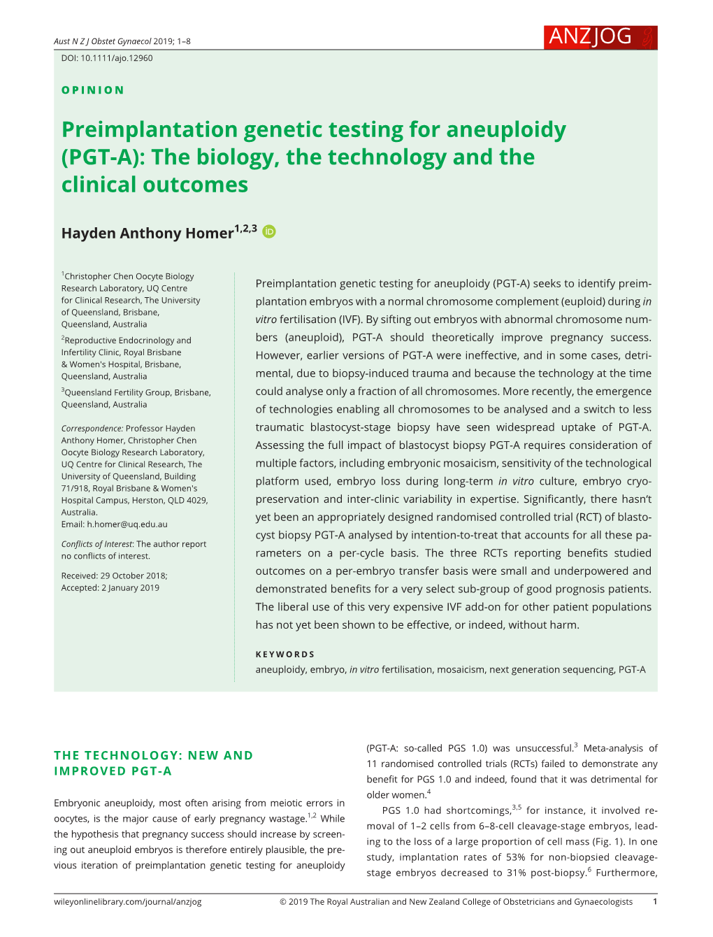 Preimplantation Genetic Testing for Aneuploidy (PGT-­A): the Biology, the Technology and the Clinical Outcomes