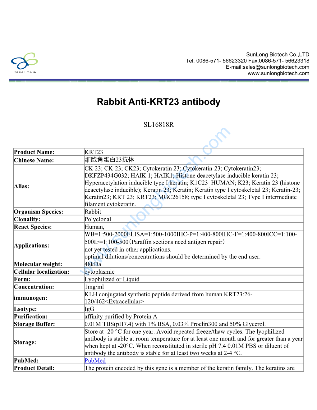 Rabbit Anti-KRT23 Antibody-SL16818R