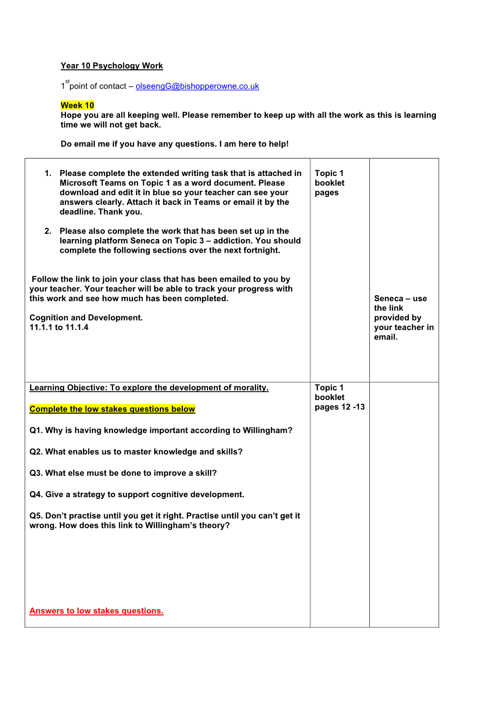 Year 10 Psychology Work 1 Point of Contact – Olseengg