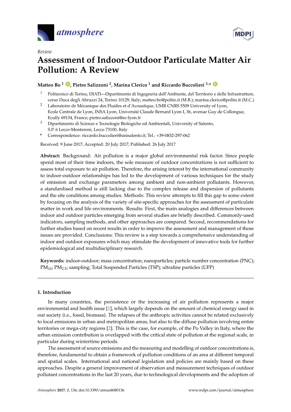 Assessment of Indoor-Outdoor Particulate Matter Air Pollution: a Review