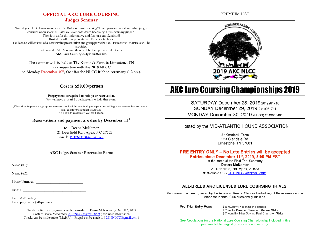 AKC Lure Coursing Championships 2019 Prepayment Is Required to Hold Your Reservation