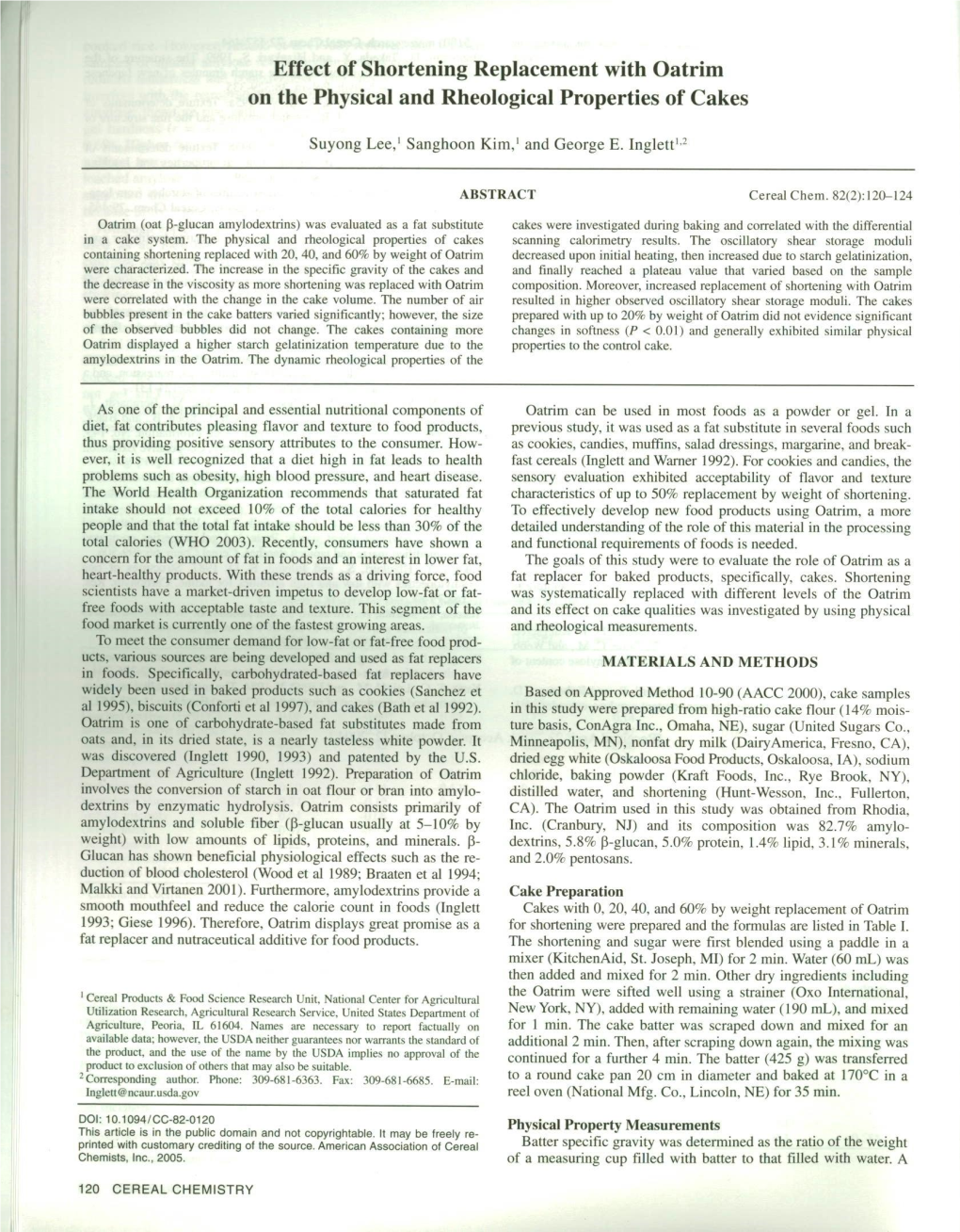 I Effect of Shortening Replacement with Oatrim on the Physical and Rheological Properties of Cakes