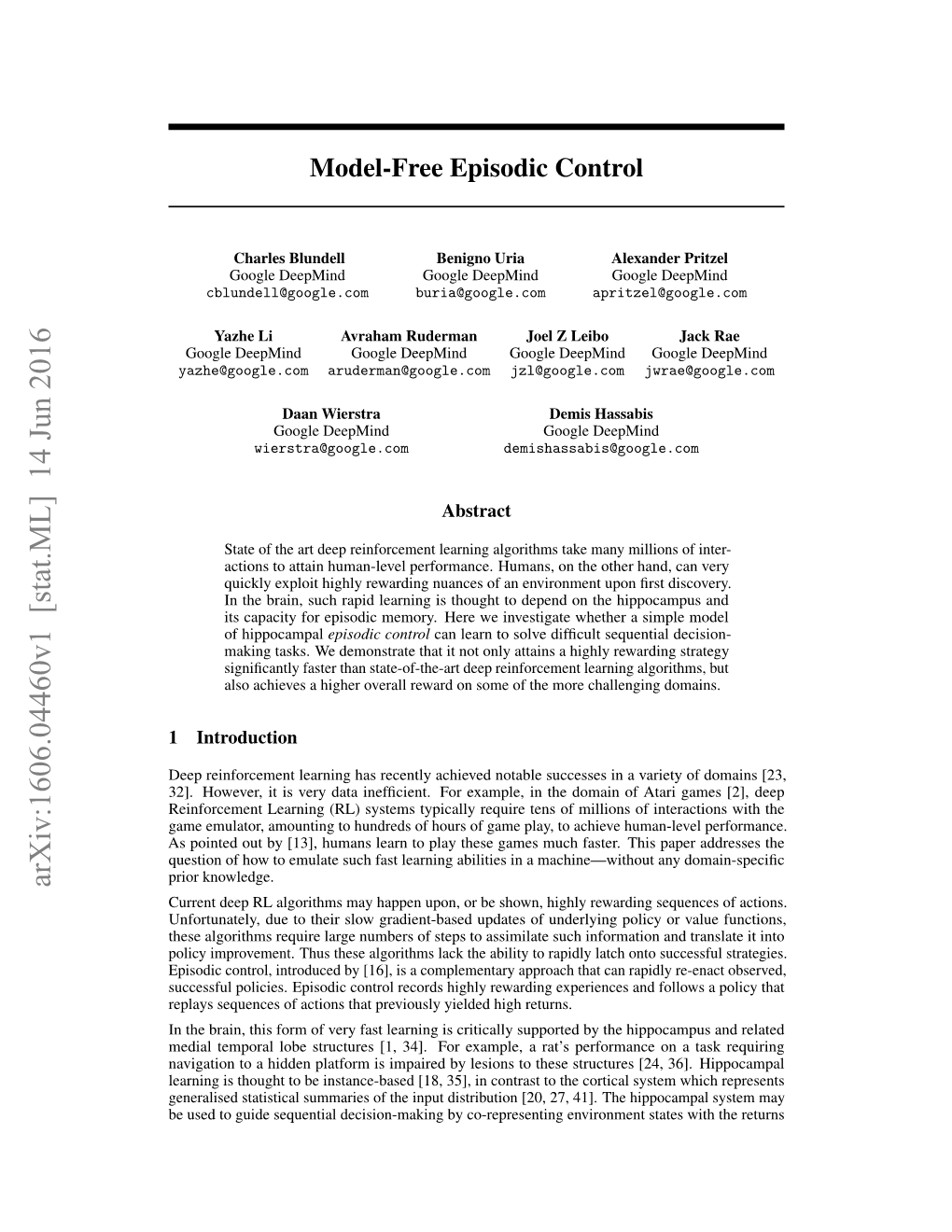 Model-Free Episodic Control