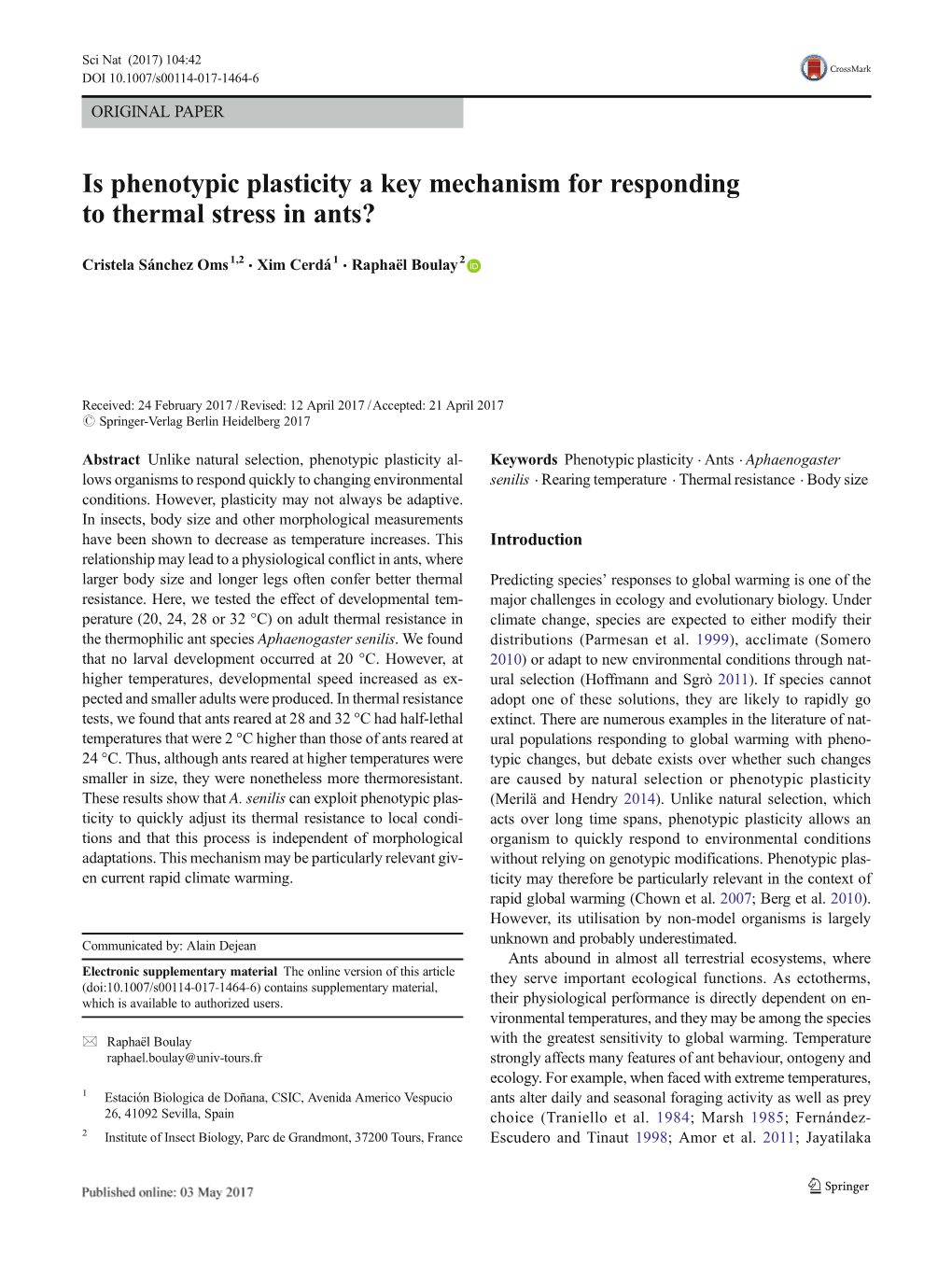 Is Phenotypic Plasticity a Key Mechanism for Responding to Thermal Stress in Ants?