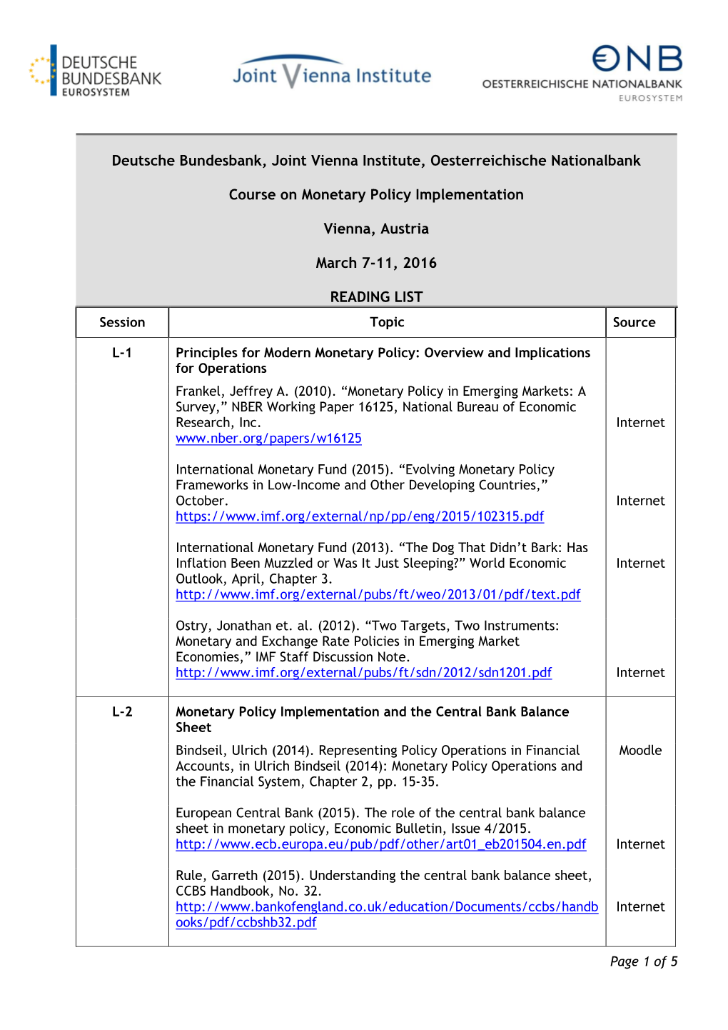 Deutsche Bundesbank, Joint Vienna Institute, Oesterreichische Nationalbank Course on Monetary Policy Implementation Vienna, Aust