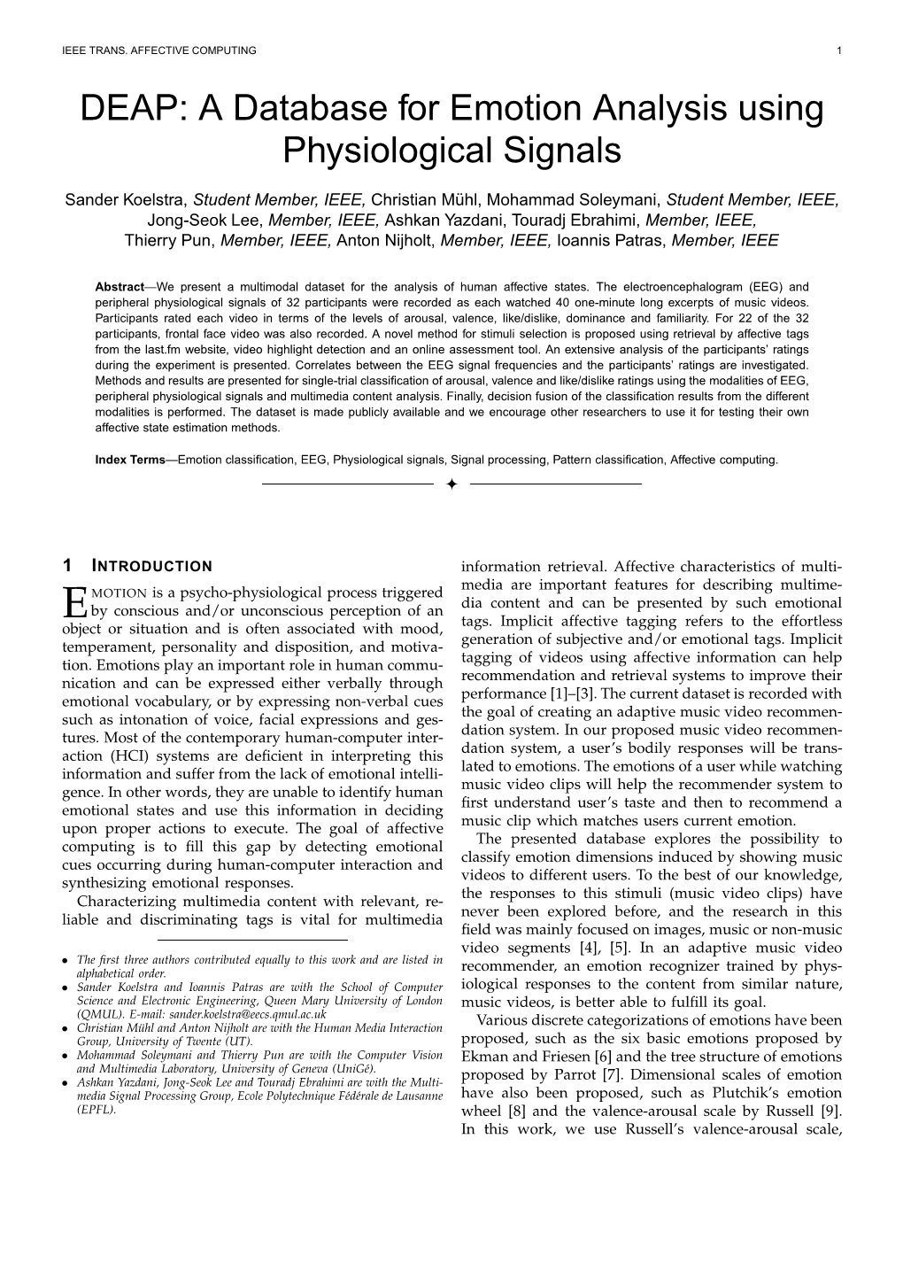 DEAP: a Database for Emotion Analysis Using Physiological Signals