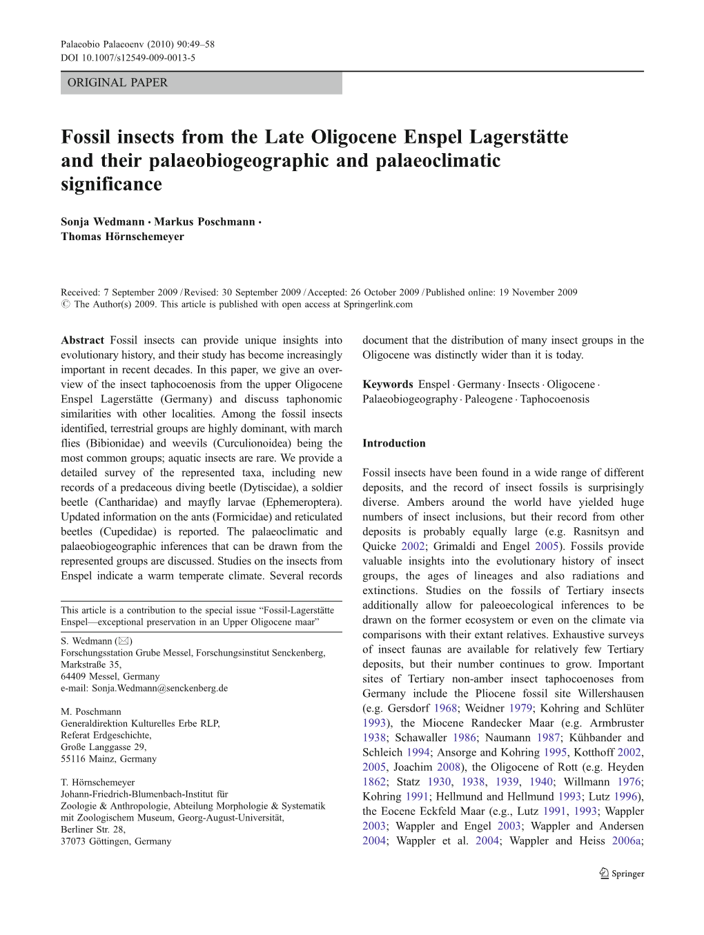 Fossil Insects from the Late Oligocene Enspel Lagerstätte and Their Palaeobiogeographic and Palaeoclimatic Significance