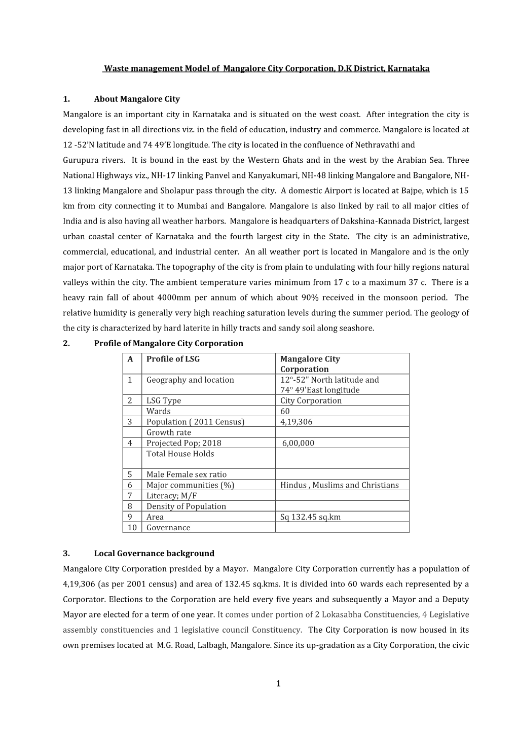 Waste Management Model of Mangalore City Corporation, D.K District, Karnataka