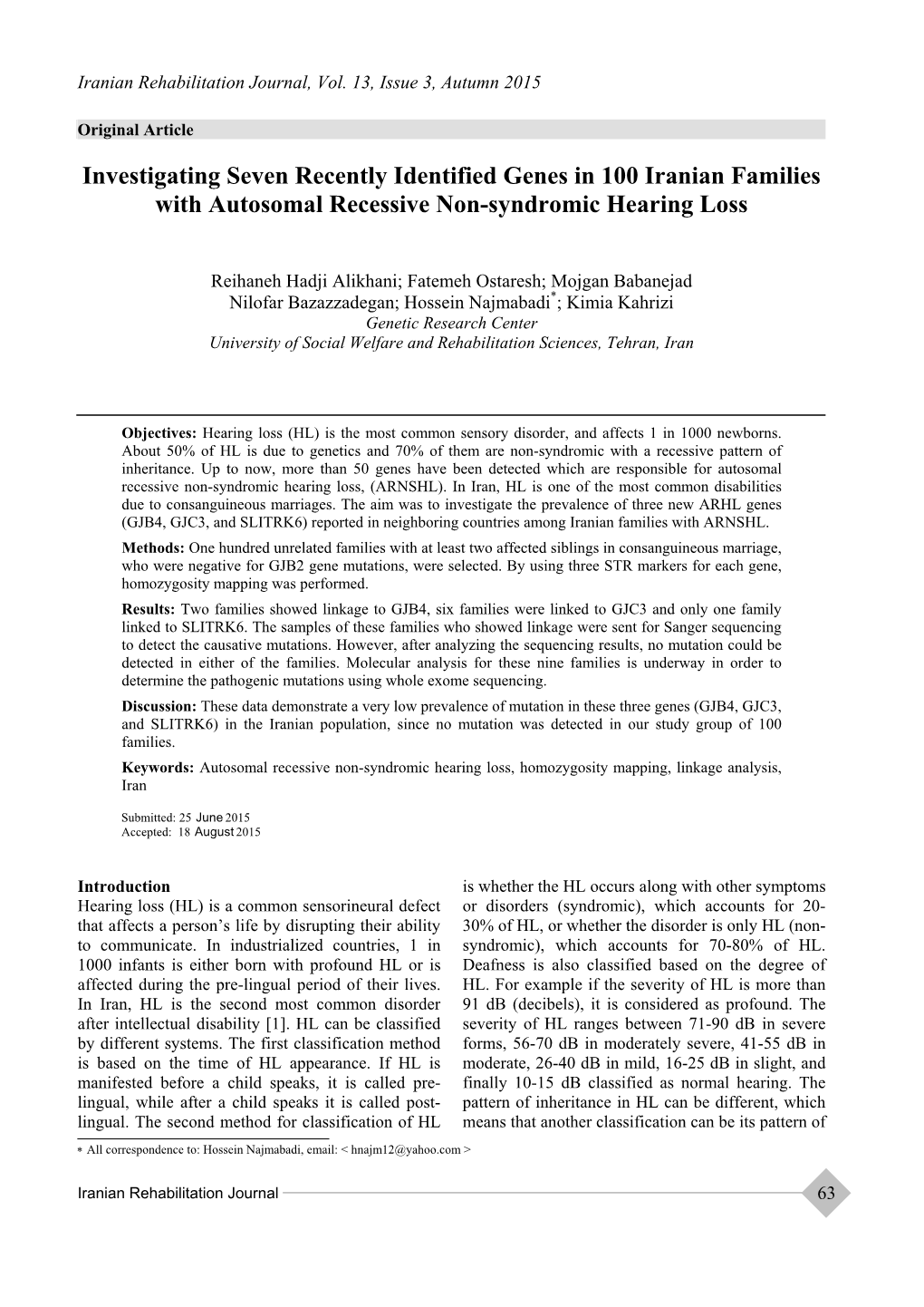 Investigating Seven Recently Identified Genes in 100 Iranian Families with Autosomal Recessive Non-Syndromic Hearing Loss